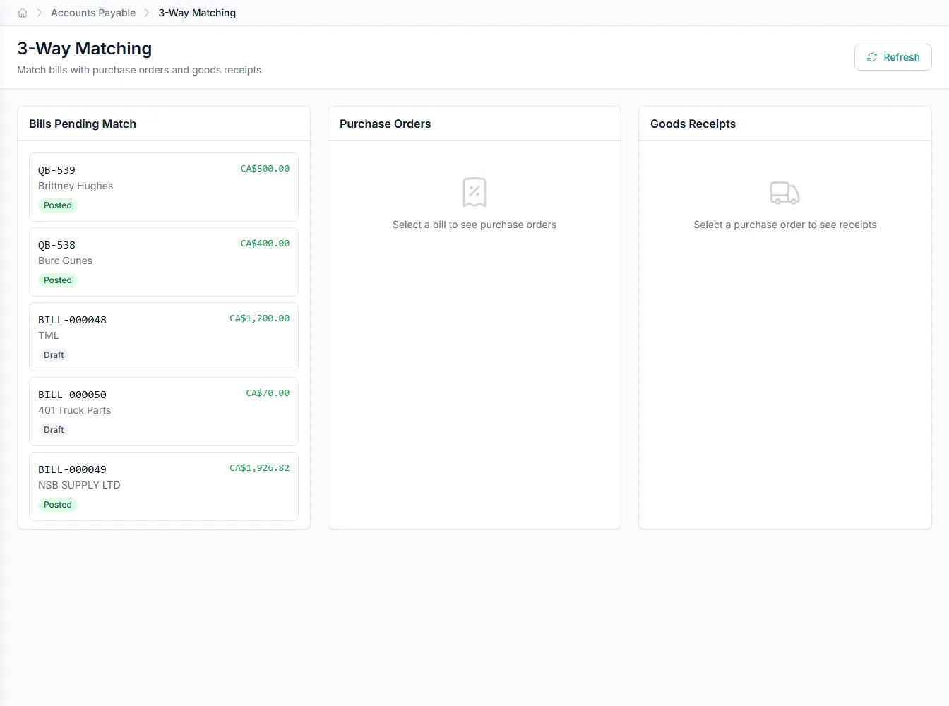 Receipt and invoice matched to the order, a variance flagged.
