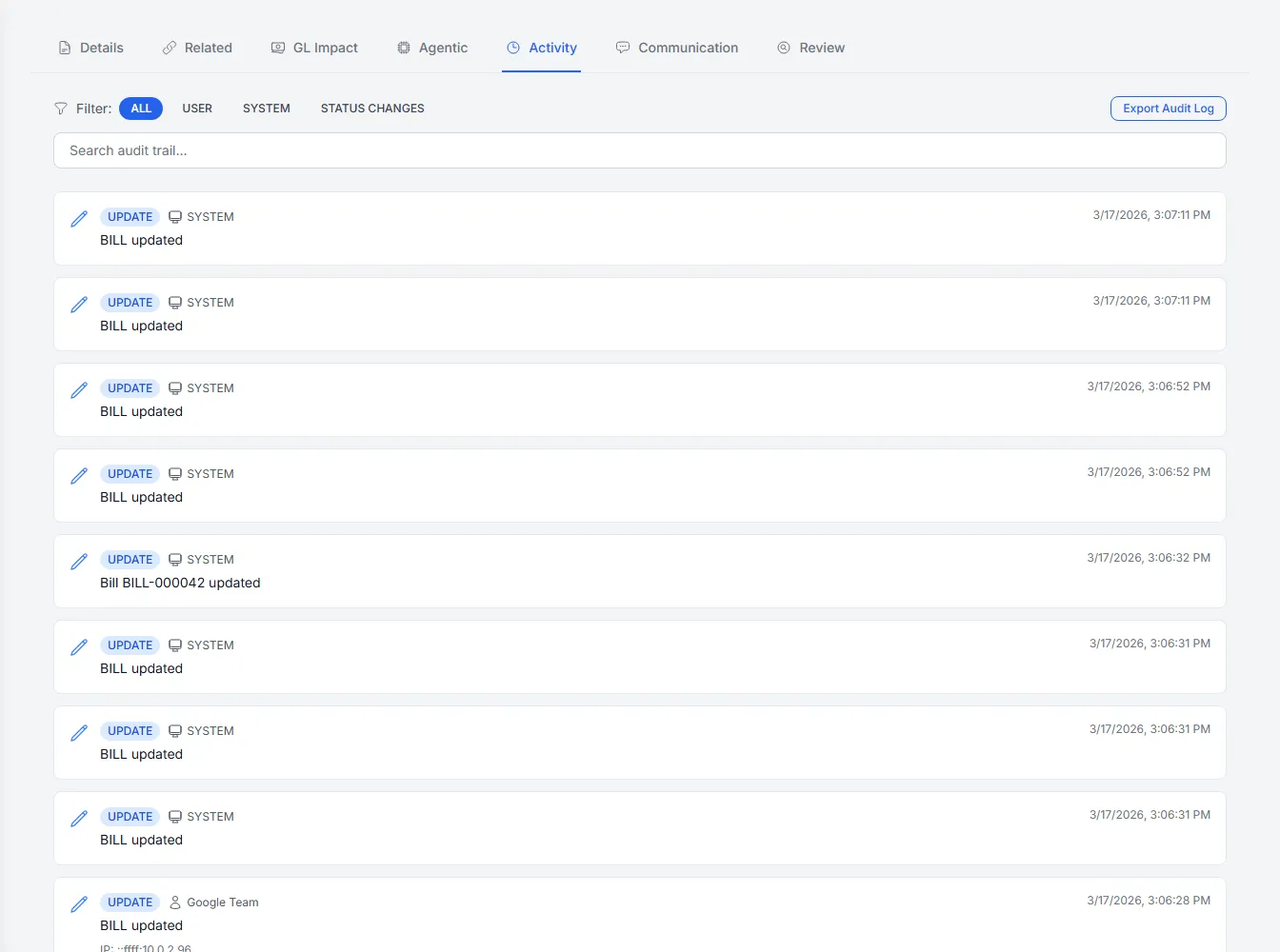 An audit trail showing each action and its outcome