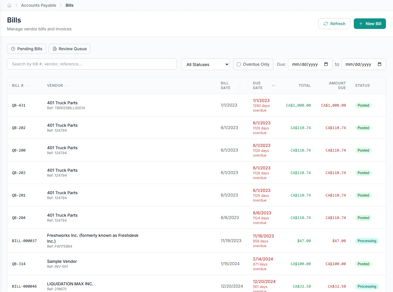 The invoice workspace showing a bill read, checked, coded, and ready for review