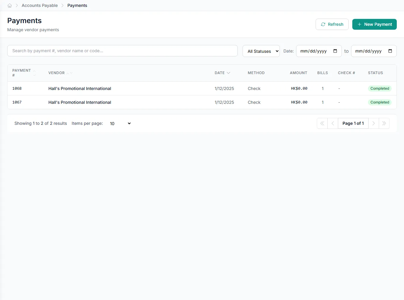 A payment run ready to send, with each bill's pay date and discount in view