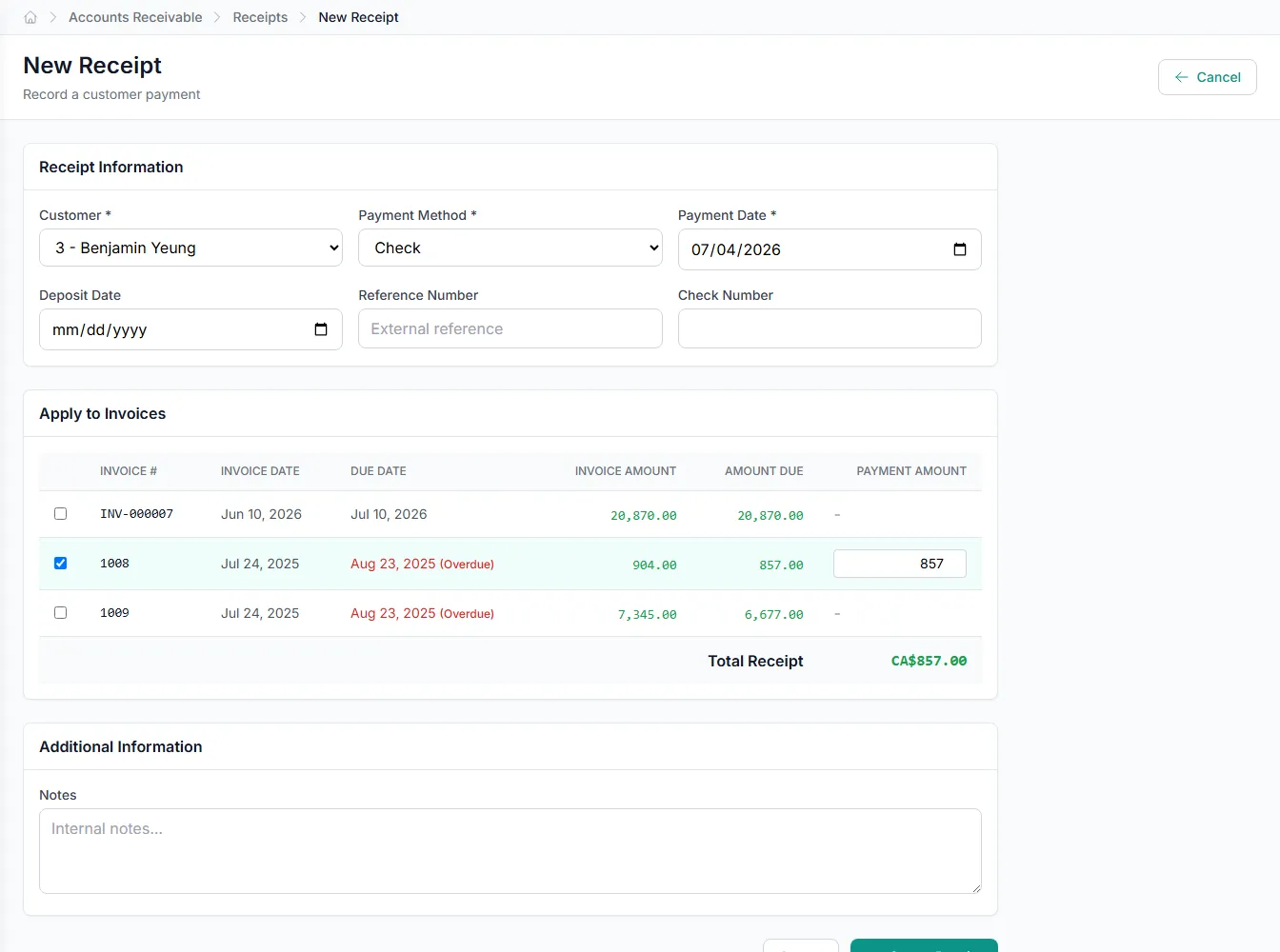 Invoices moving from receipt to payment