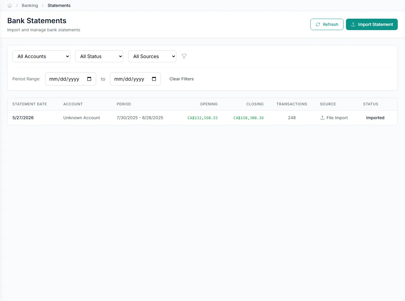 Import dialog converting a bank statement file into structured transactions