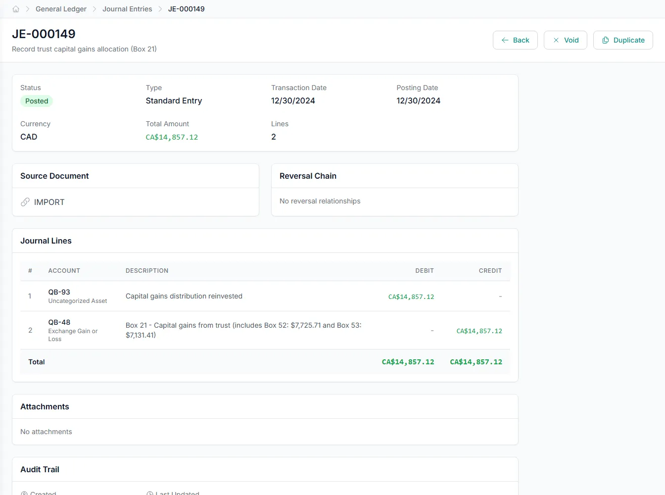 Journal entry with AI-suggested GL coding and full audit trail