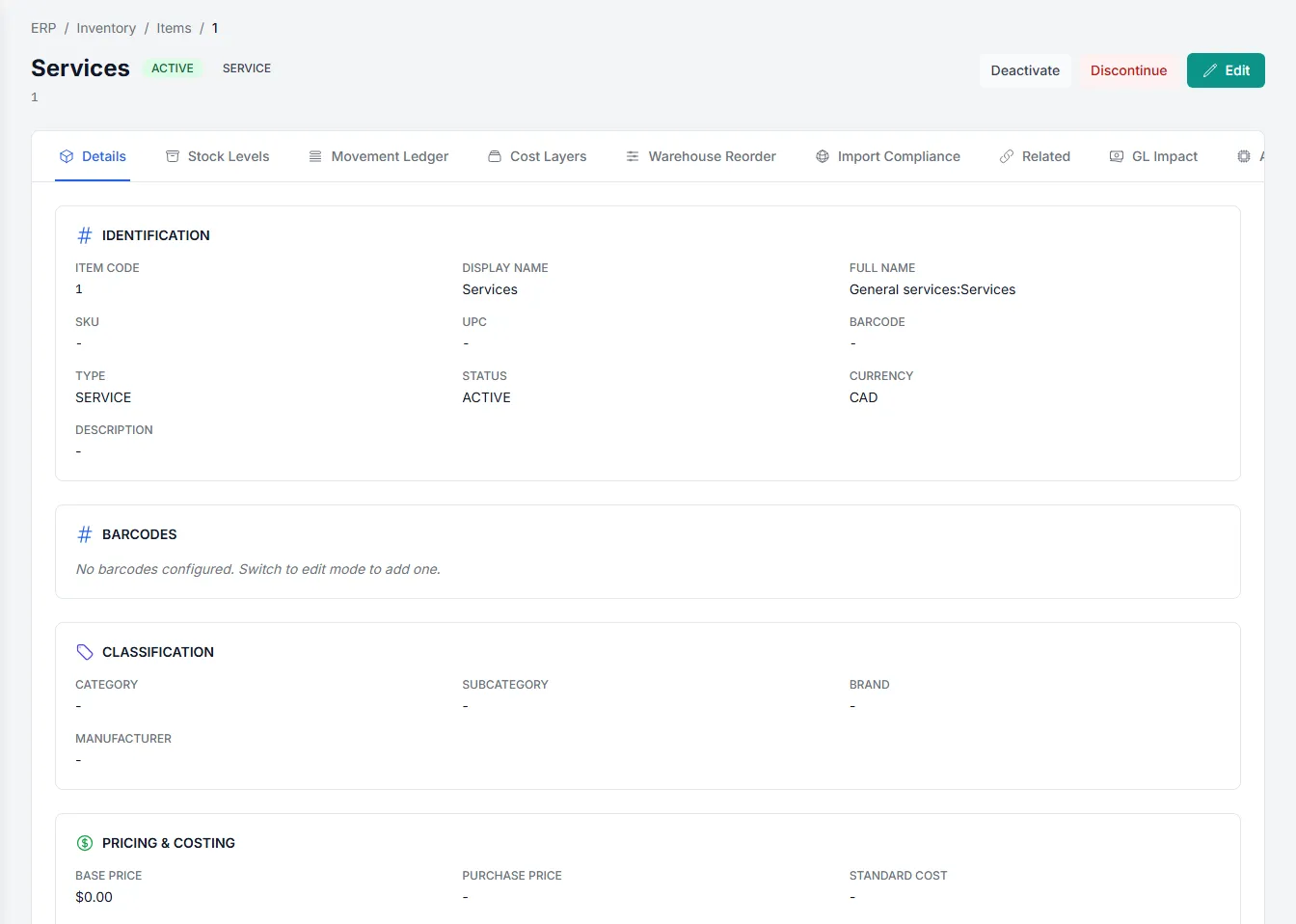 Item detail page with category and a vendor pricing table