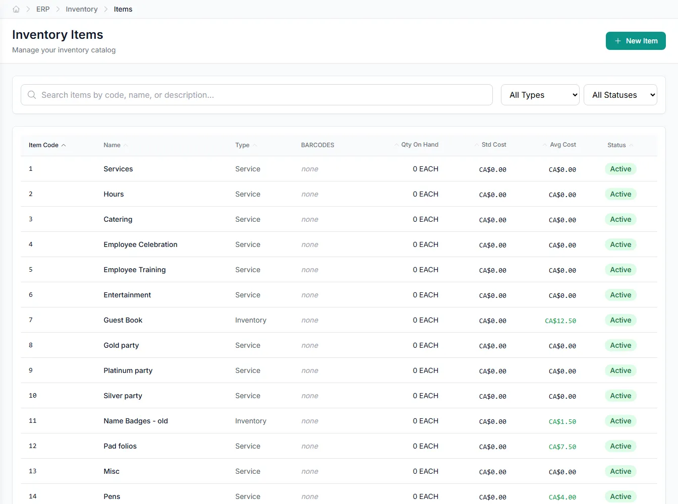 A new item with suggested accounts, tax, and costing ready to confirm.