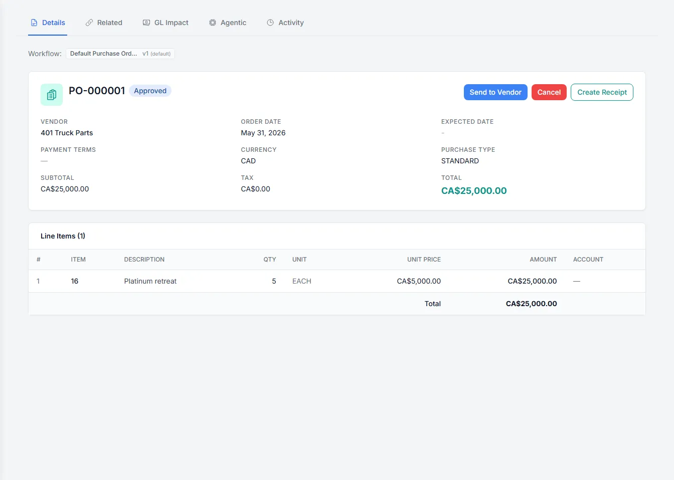 Purchase order with lines and receipt status