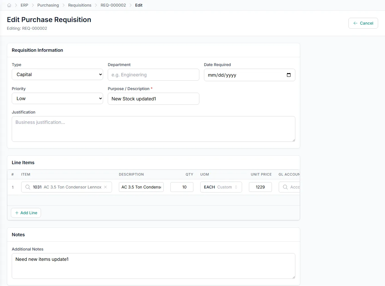 Budget impact shown on a requisition before it's approved.