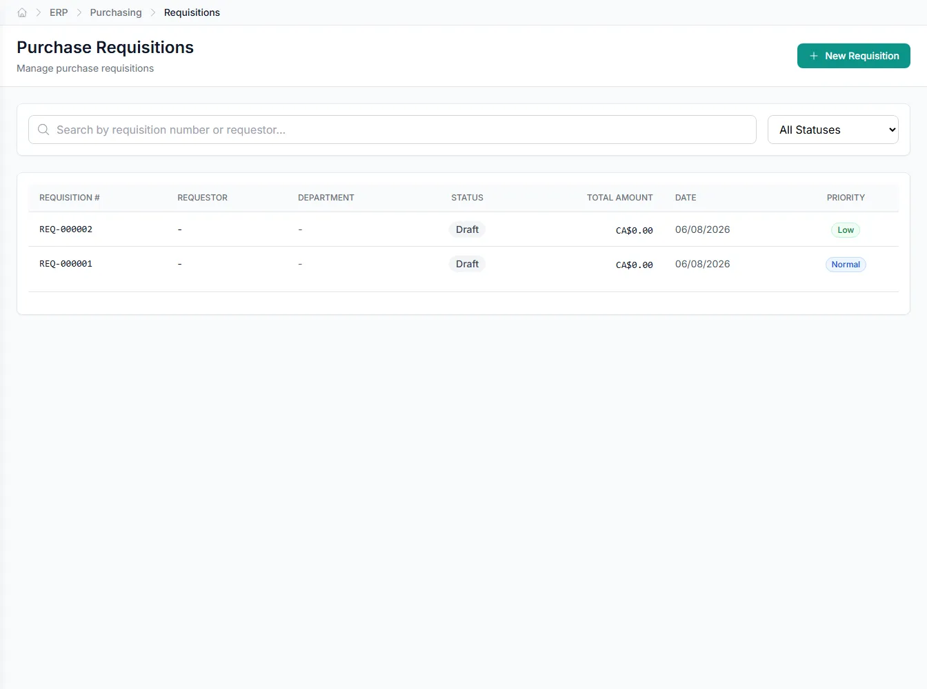 Requisition form with line items and approval routing