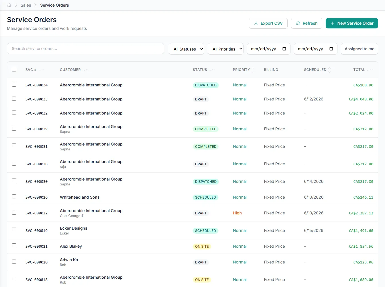 The service workspace showing a job's completion report turned into a ready invoice