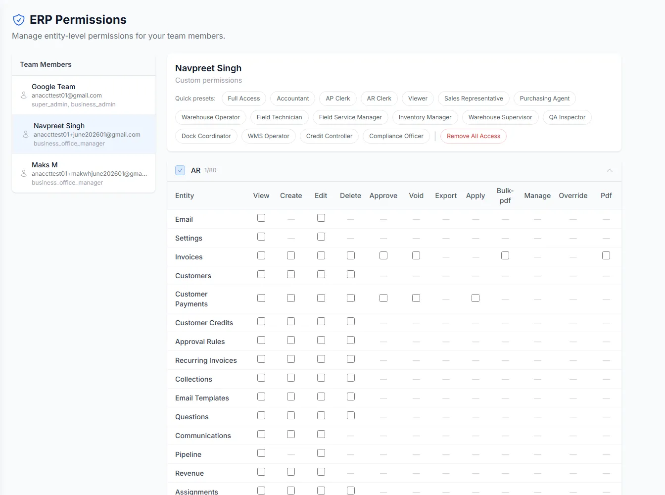 Role and permission settings for a finance team