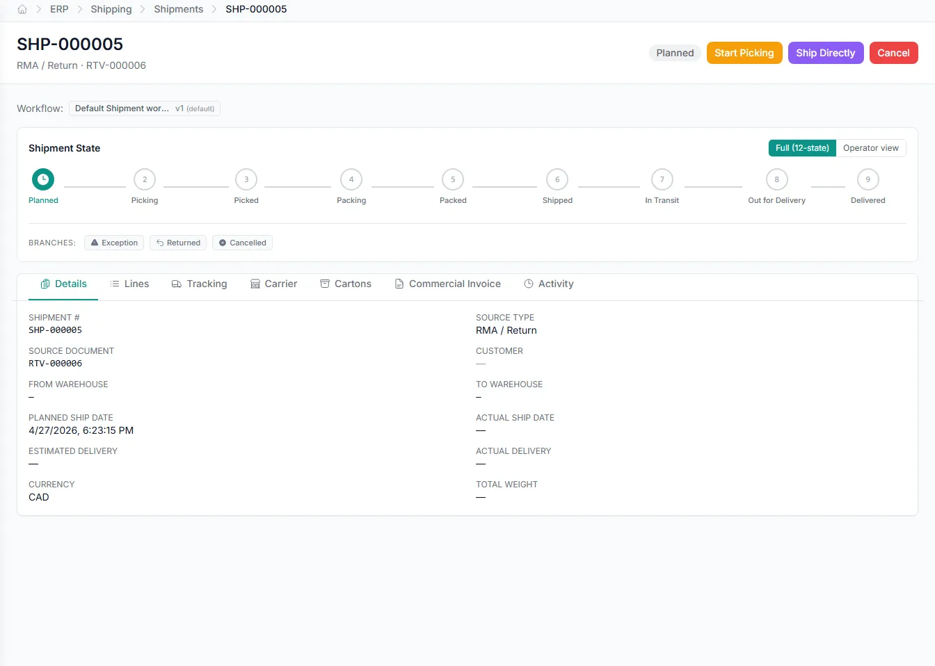 Shipment state machine with automatic COGS posting